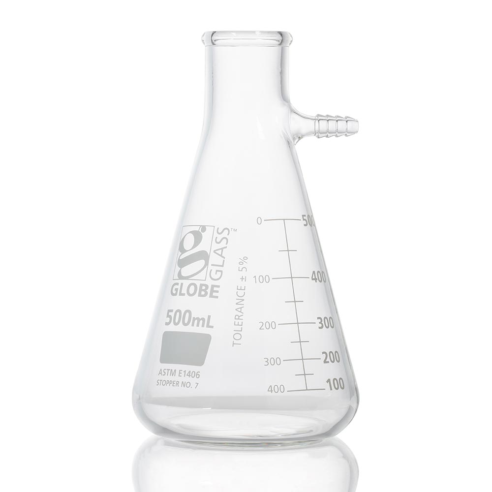Globe Scientific Flask, Filter, Globe Glass, 500mL, Dual Graduations, ASTM E1406, 6/Box Filter flask;500ml filter flask;glass filter flask